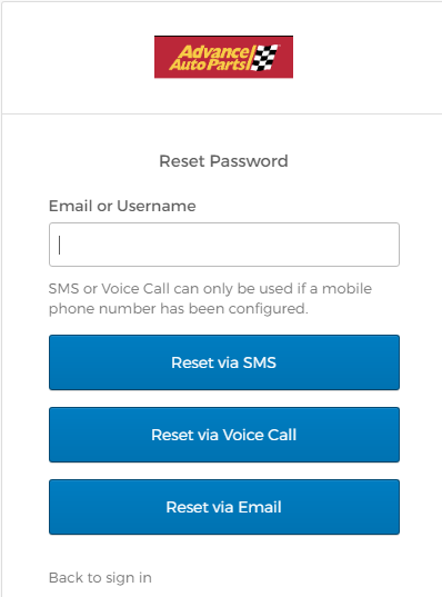 To reset password, type your email or username via SMS, Email, or Voice call