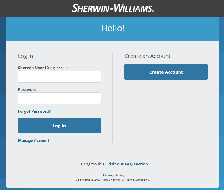 The MySherwin Login page allows a user to manage account by entering their Sherwin User ID and Password or by authenticating using Log In button.
