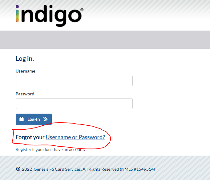 Myindigocard forgot username
