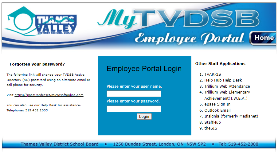 TVDSB Employee Portal Login Page